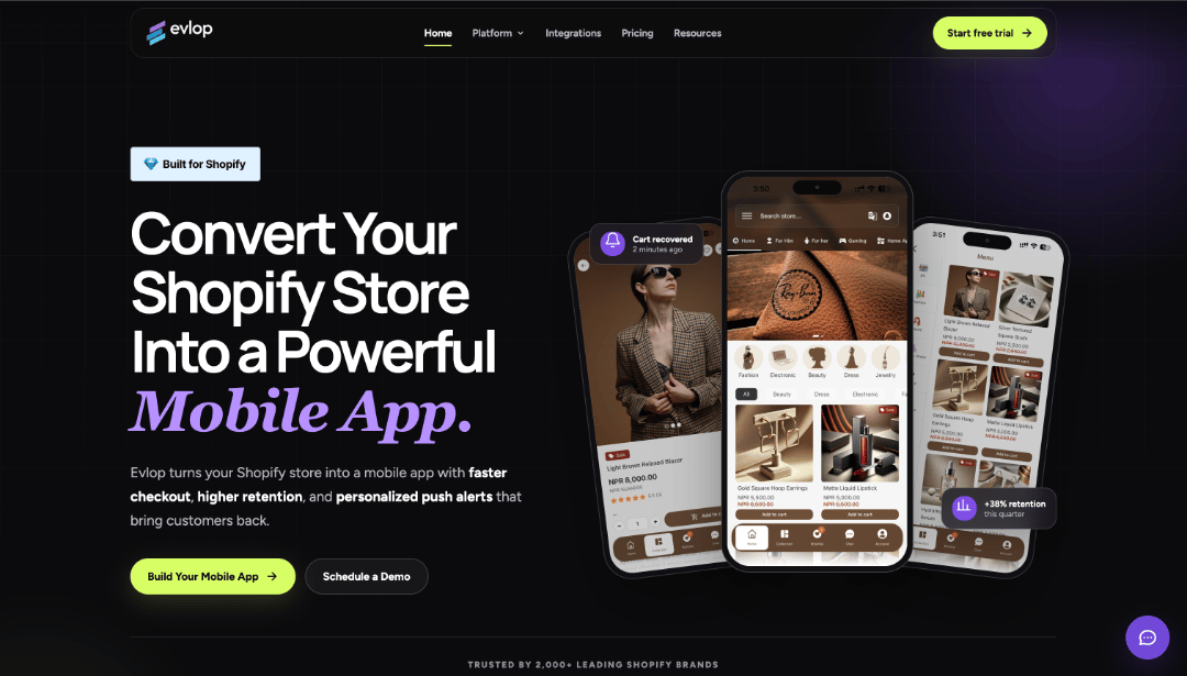 Evlop Shopify mobile app builder for customizable native iOS and Android shopping apps